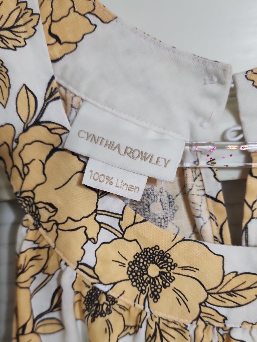 Cynthia Rowley Women's Cream Floral Linen Dress with Golden Yellow Print - Picture 3 of 9